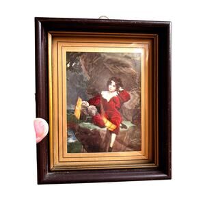 Small vintage framed art print young boy red suited youth in wood frame 5"x 6"